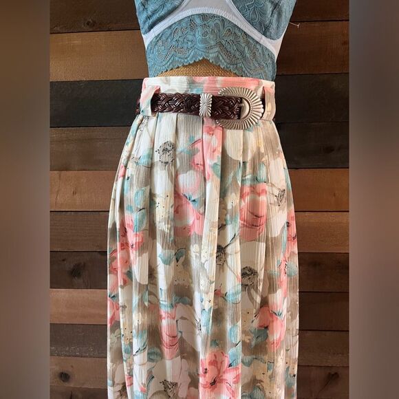 Vintage Soft Pastel Floral Claude Skirt Belt Loops Elastic Waist - Picture 8 of 10